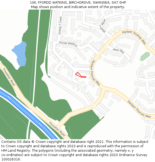106, FFORDD WATKINS, BIRCHGROVE, SWANSEA, SA7 0HP: Location map and indicative extent of plot