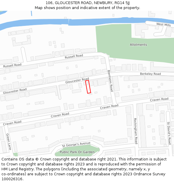 106, GLOUCESTER ROAD, NEWBURY, RG14 5JJ: Location map and indicative extent of plot