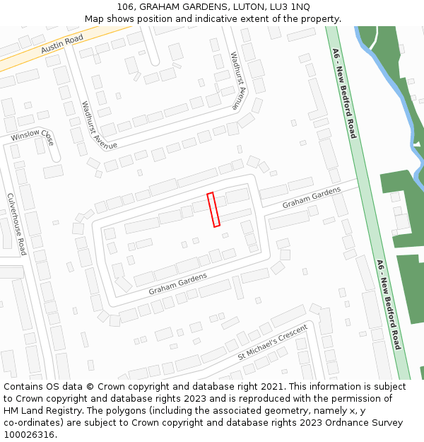 106, GRAHAM GARDENS, LUTON, LU3 1NQ: Location map and indicative extent of plot