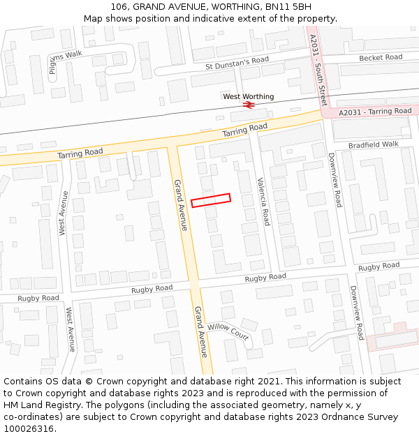 106, GRAND AVENUE, WORTHING, BN11 5BH: Location map and indicative extent of plot