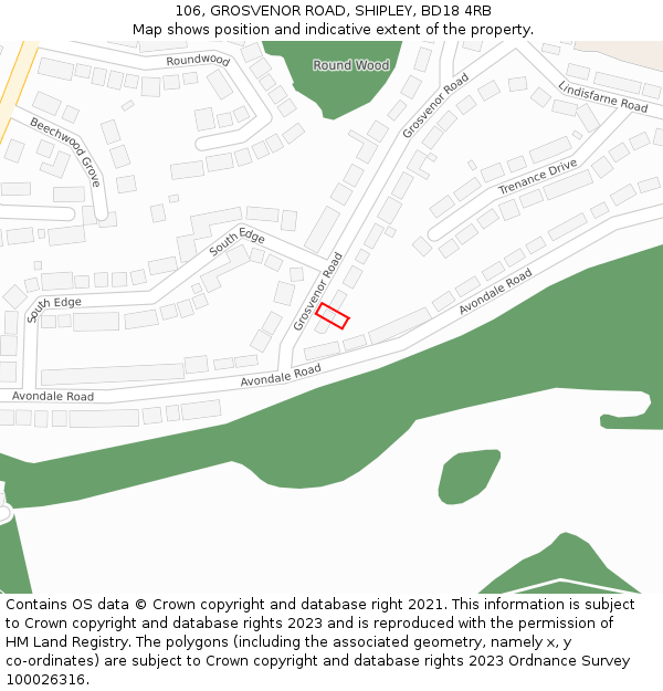 106, GROSVENOR ROAD, SHIPLEY, BD18 4RB: Location map and indicative extent of plot