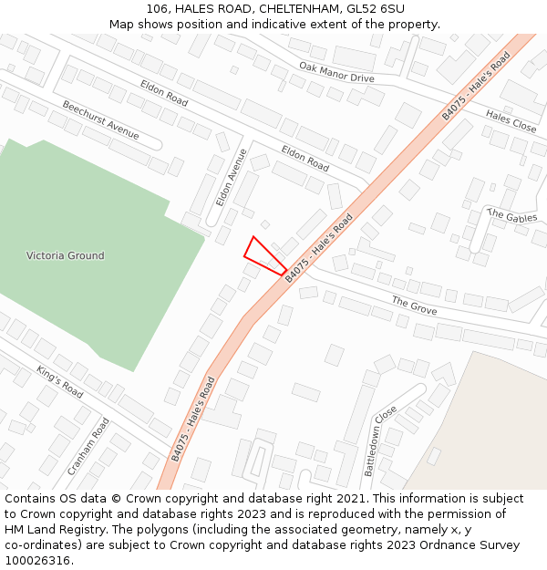 106, HALES ROAD, CHELTENHAM, GL52 6SU: Location map and indicative extent of plot