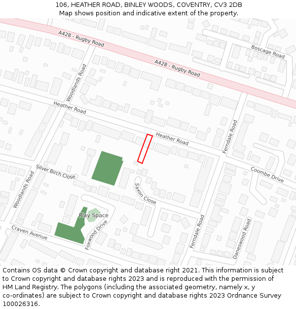 106, HEATHER ROAD, BINLEY WOODS, COVENTRY, CV3 2DB: Location map and indicative extent of plot