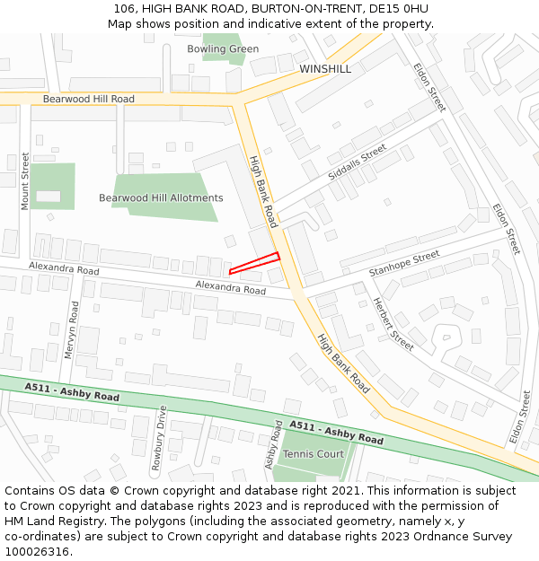 106, HIGH BANK ROAD, BURTON-ON-TRENT, DE15 0HU: Location map and indicative extent of plot