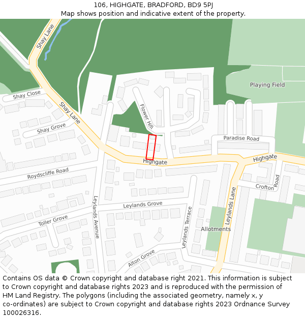 106, HIGHGATE, BRADFORD, BD9 5PJ: Location map and indicative extent of plot