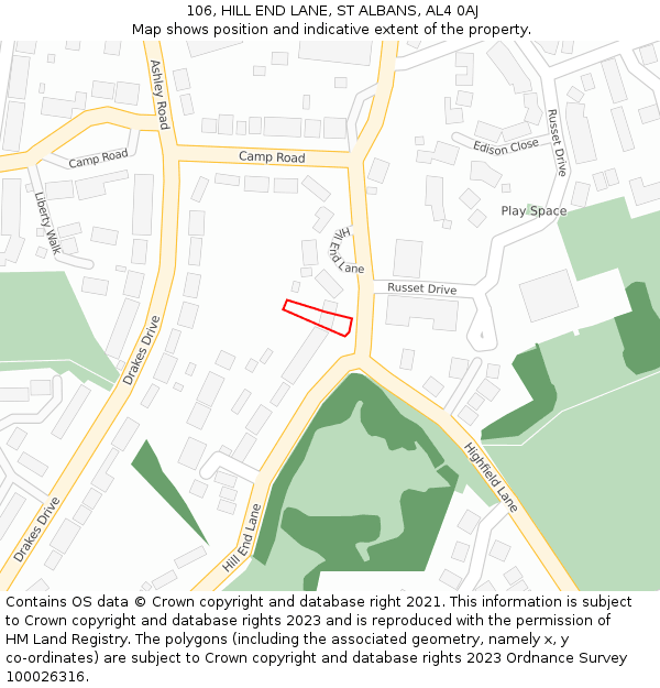 106, HILL END LANE, ST ALBANS, AL4 0AJ: Location map and indicative extent of plot