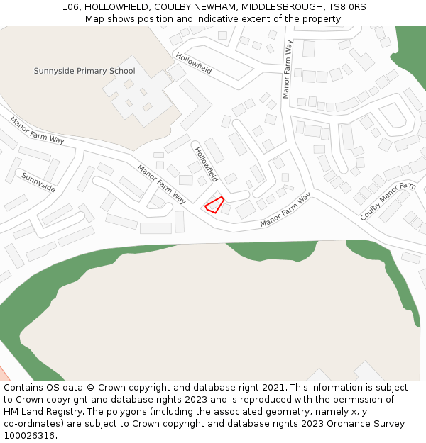 106, HOLLOWFIELD, COULBY NEWHAM, MIDDLESBROUGH, TS8 0RS: Location map and indicative extent of plot