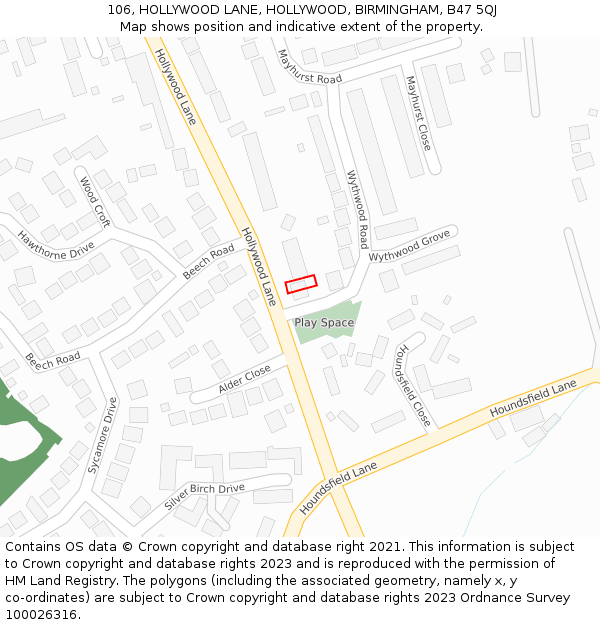 106, HOLLYWOOD LANE, HOLLYWOOD, BIRMINGHAM, B47 5QJ: Location map and indicative extent of plot