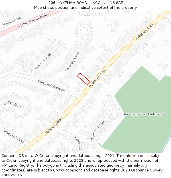 106, HYKEHAM ROAD, LINCOLN, LN6 8AB: Location map and indicative extent of plot