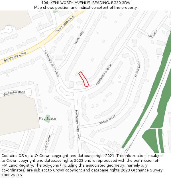 106, KENILWORTH AVENUE, READING, RG30 3DW: Location map and indicative extent of plot