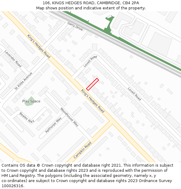 106, KINGS HEDGES ROAD, CAMBRIDGE, CB4 2PA: Location map and indicative extent of plot