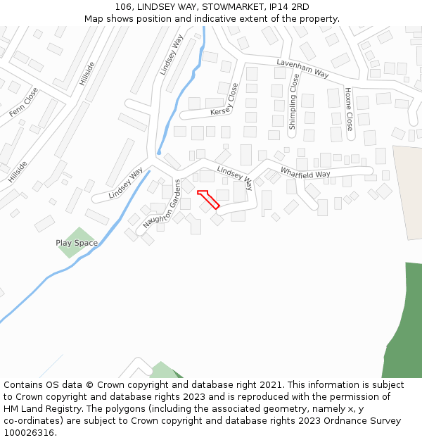 106, LINDSEY WAY, STOWMARKET, IP14 2RD: Location map and indicative extent of plot
