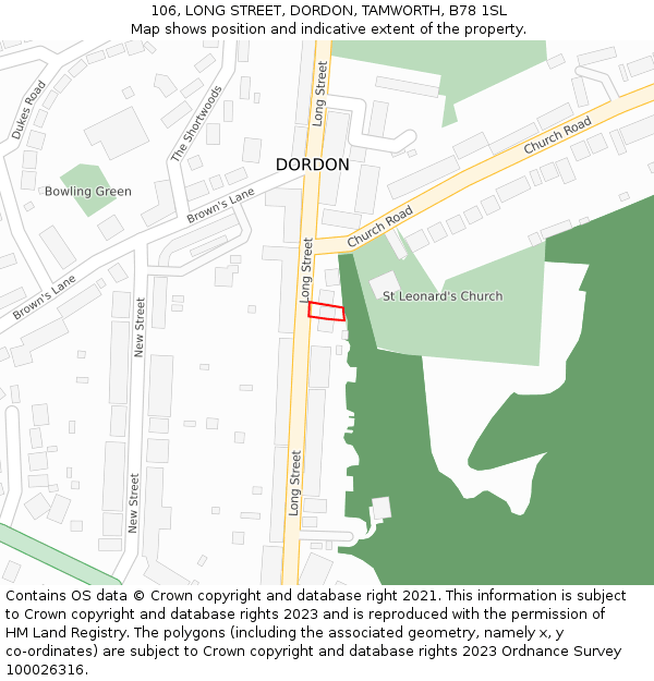 106, LONG STREET, DORDON, TAMWORTH, B78 1SL: Location map and indicative extent of plot