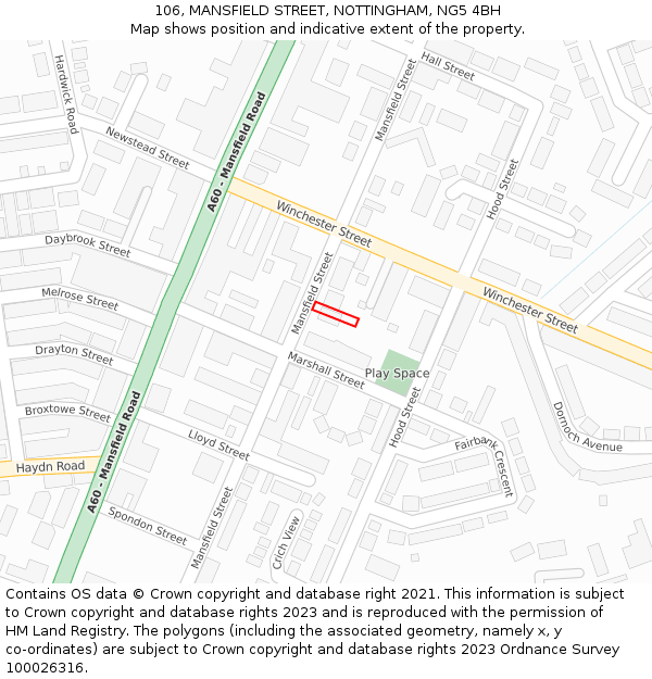 106, MANSFIELD STREET, NOTTINGHAM, NG5 4BH: Location map and indicative extent of plot