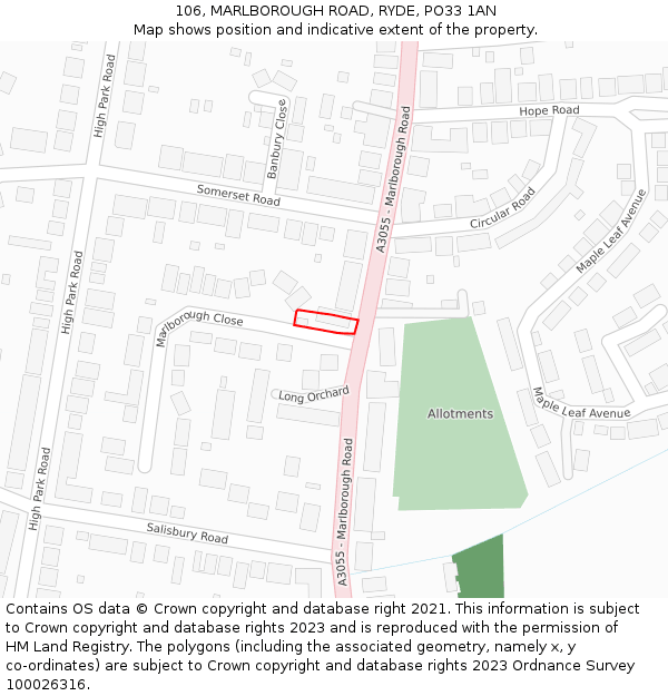 106, MARLBOROUGH ROAD, RYDE, PO33 1AN: Location map and indicative extent of plot