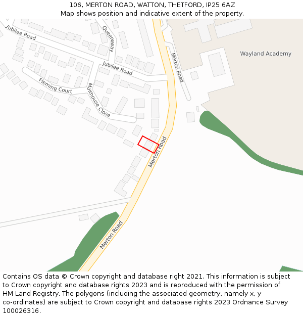 106, MERTON ROAD, WATTON, THETFORD, IP25 6AZ: Location map and indicative extent of plot