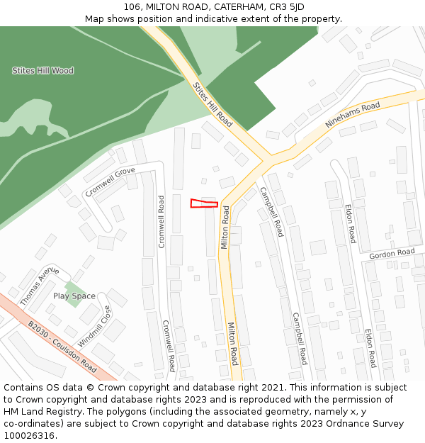 106, MILTON ROAD, CATERHAM, CR3 5JD: Location map and indicative extent of plot