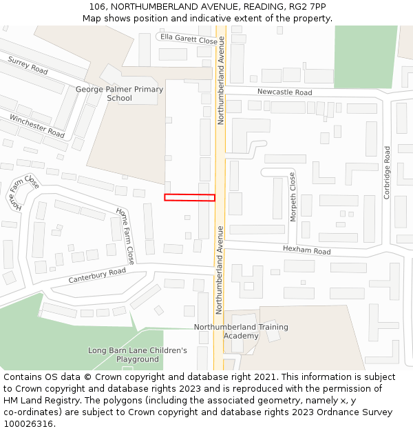106, NORTHUMBERLAND AVENUE, READING, RG2 7PP: Location map and indicative extent of plot
