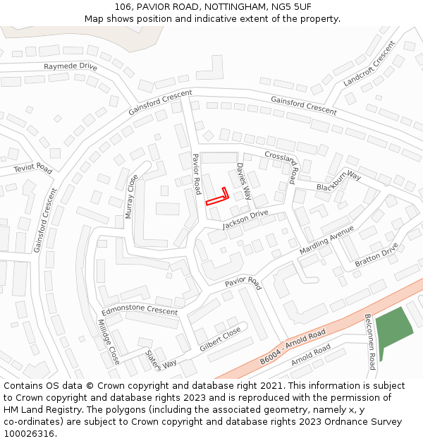 106, PAVIOR ROAD, NOTTINGHAM, NG5 5UF: Location map and indicative extent of plot