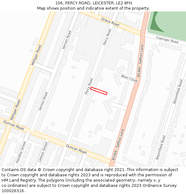 106, PERCY ROAD, LEICESTER, LE2 8FN: Location map and indicative extent of plot