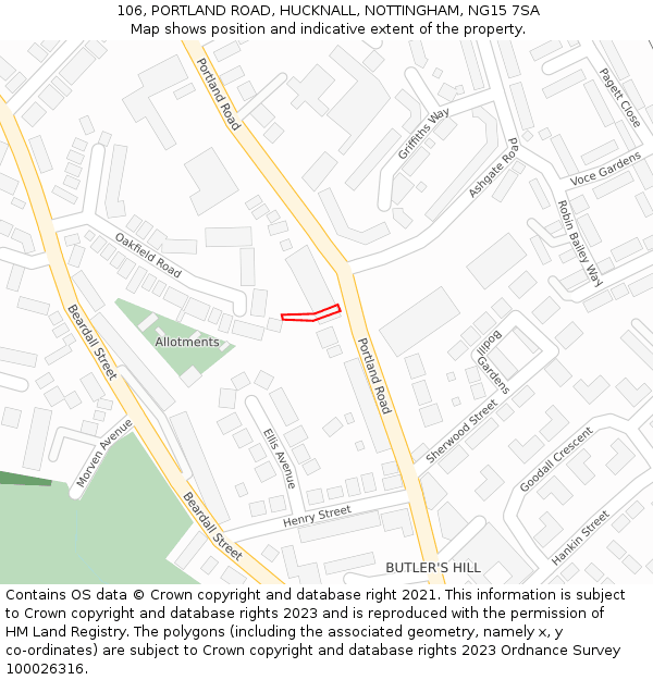 106, PORTLAND ROAD, HUCKNALL, NOTTINGHAM, NG15 7SA: Location map and indicative extent of plot