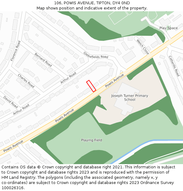 106, POWIS AVENUE, TIPTON, DY4 0ND: Location map and indicative extent of plot