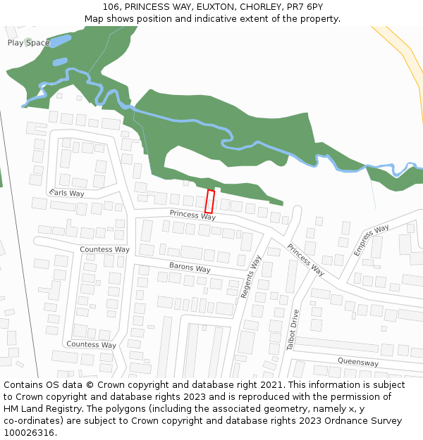 106, PRINCESS WAY, EUXTON, CHORLEY, PR7 6PY: Location map and indicative extent of plot