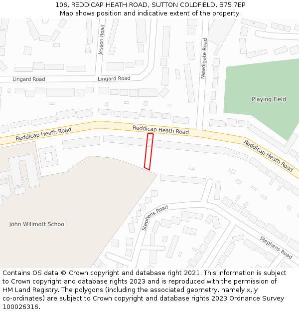 106, REDDICAP HEATH ROAD, SUTTON COLDFIELD, B75 7EP: Location map and indicative extent of plot