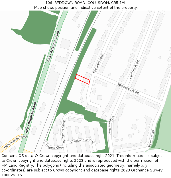 106, REDDOWN ROAD, COULSDON, CR5 1AL: Location map and indicative extent of plot