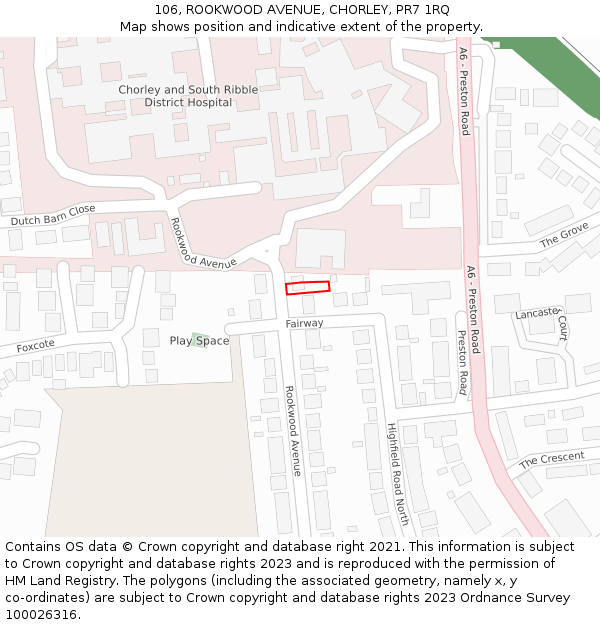 106, ROOKWOOD AVENUE, CHORLEY, PR7 1RQ: Location map and indicative extent of plot
