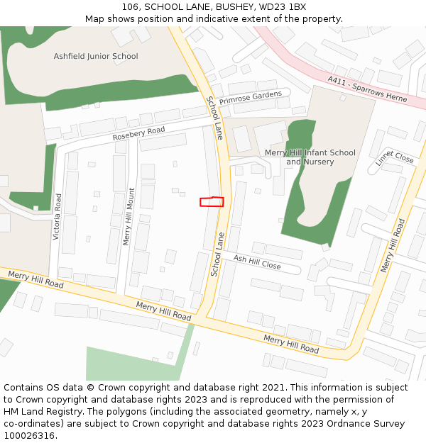 106, SCHOOL LANE, BUSHEY, WD23 1BX: Location map and indicative extent of plot