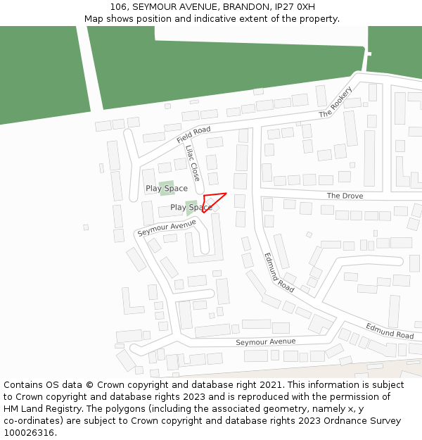 106, SEYMOUR AVENUE, BRANDON, IP27 0XH: Location map and indicative extent of plot