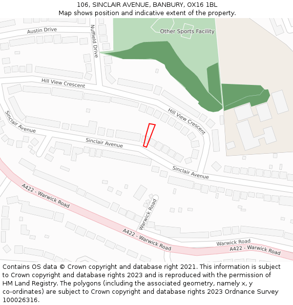 106, SINCLAIR AVENUE, BANBURY, OX16 1BL: Location map and indicative extent of plot