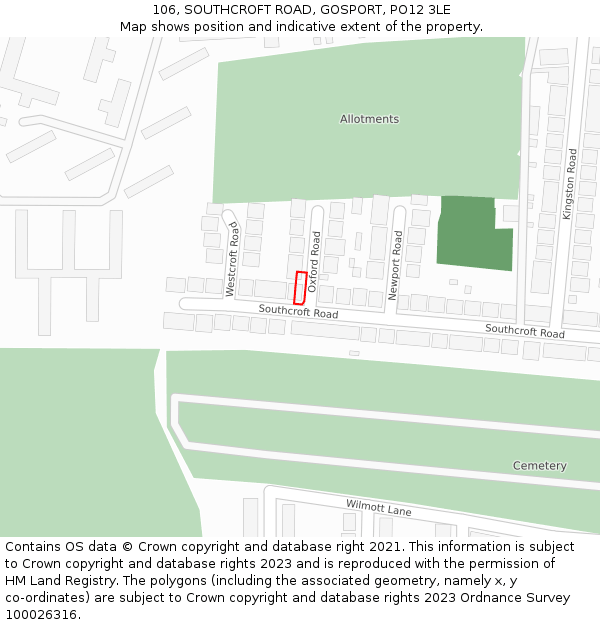 106, SOUTHCROFT ROAD, GOSPORT, PO12 3LE: Location map and indicative extent of plot