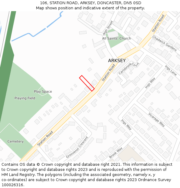 106, STATION ROAD, ARKSEY, DONCASTER, DN5 0SD: Location map and indicative extent of plot