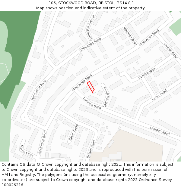 106, STOCKWOOD ROAD, BRISTOL, BS14 8JF: Location map and indicative extent of plot