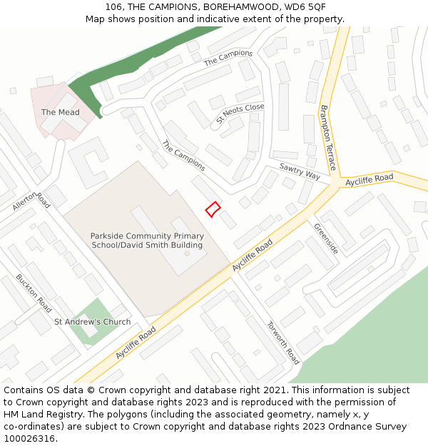 106, THE CAMPIONS, BOREHAMWOOD, WD6 5QF: Location map and indicative extent of plot
