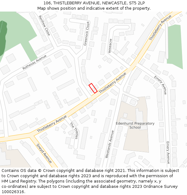 106, THISTLEBERRY AVENUE, NEWCASTLE, ST5 2LP: Location map and indicative extent of plot
