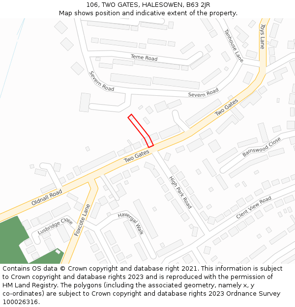 106, TWO GATES, HALESOWEN, B63 2JR: Location map and indicative extent of plot
