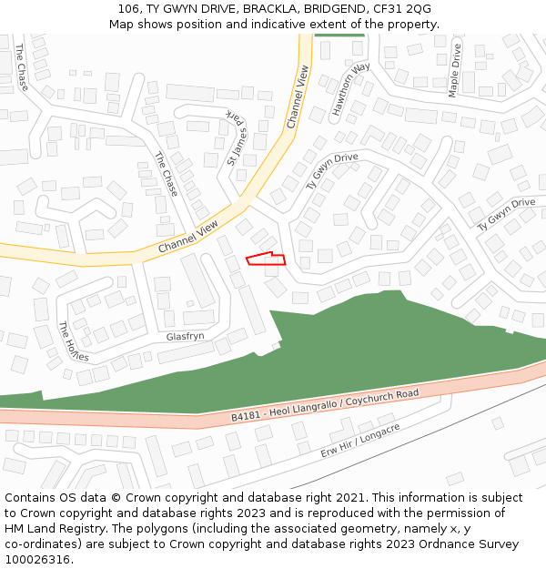 106, TY GWYN DRIVE, BRACKLA, BRIDGEND, CF31 2QG: Location map and indicative extent of plot