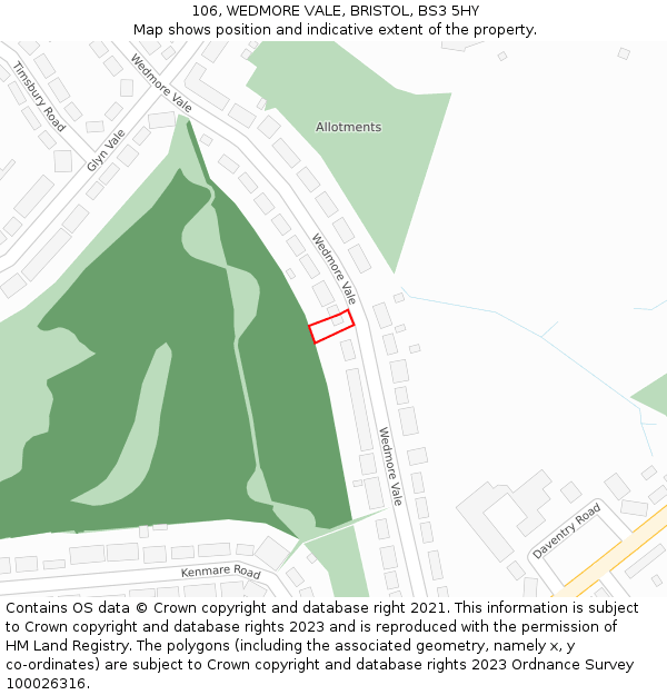 106, WEDMORE VALE, BRISTOL, BS3 5HY: Location map and indicative extent of plot