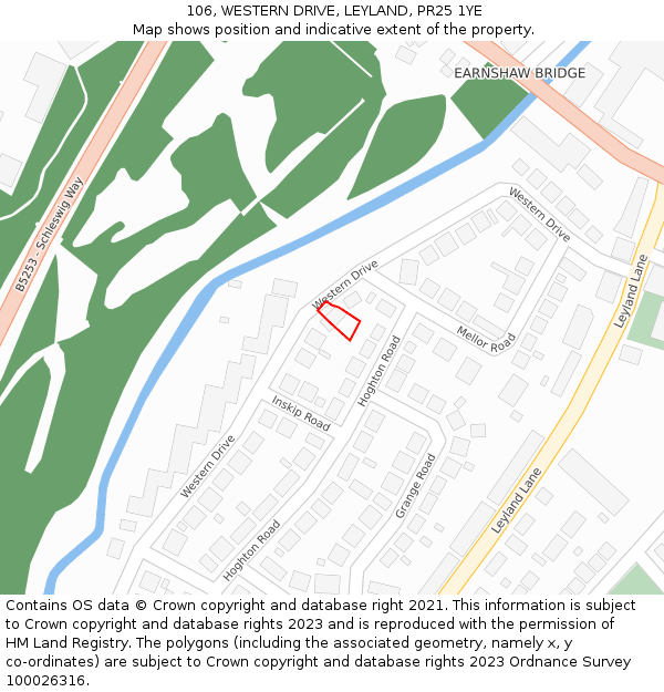 106, WESTERN DRIVE, LEYLAND, PR25 1YE: Location map and indicative extent of plot