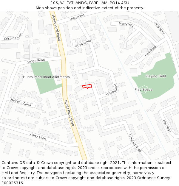 106, WHEATLANDS, FAREHAM, PO14 4SU: Location map and indicative extent of plot