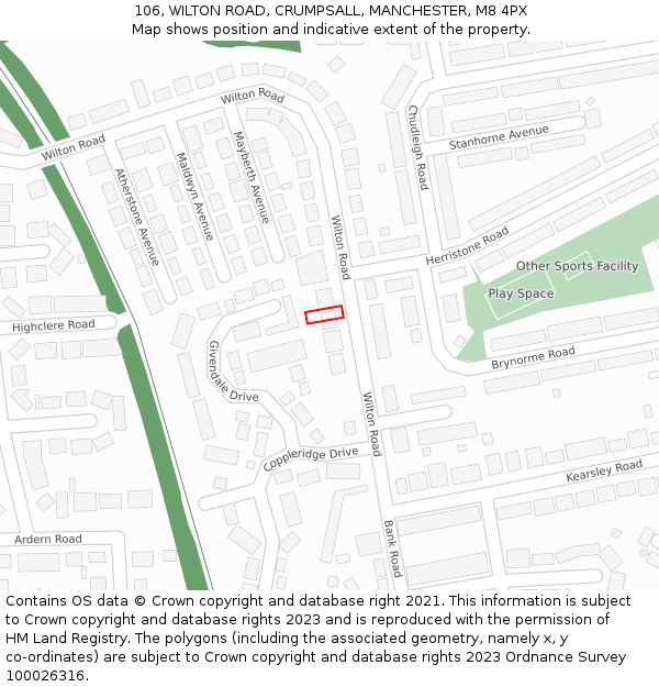 106, WILTON ROAD, CRUMPSALL, MANCHESTER, M8 4PX: Location map and indicative extent of plot