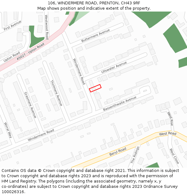 106, WINDERMERE ROAD, PRENTON, CH43 9RF: Location map and indicative extent of plot