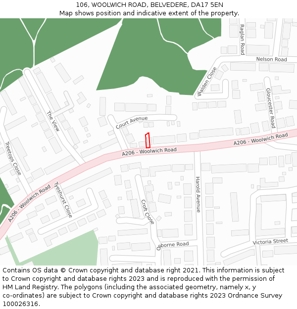 106, WOOLWICH ROAD, BELVEDERE, DA17 5EN: Location map and indicative extent of plot