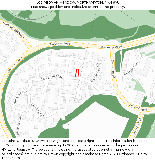 106, YEOMAN MEADOW, NORTHAMPTON, NN4 9YU: Location map and indicative extent of plot