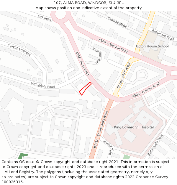 107, ALMA ROAD, WINDSOR, SL4 3EU: Location map and indicative extent of plot