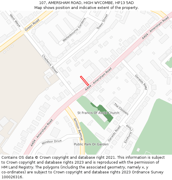 107, AMERSHAM ROAD, HIGH WYCOMBE, HP13 5AD: Location map and indicative extent of plot