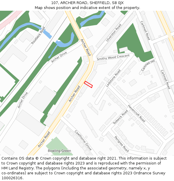 107, ARCHER ROAD, SHEFFIELD, S8 0JX: Location map and indicative extent of plot